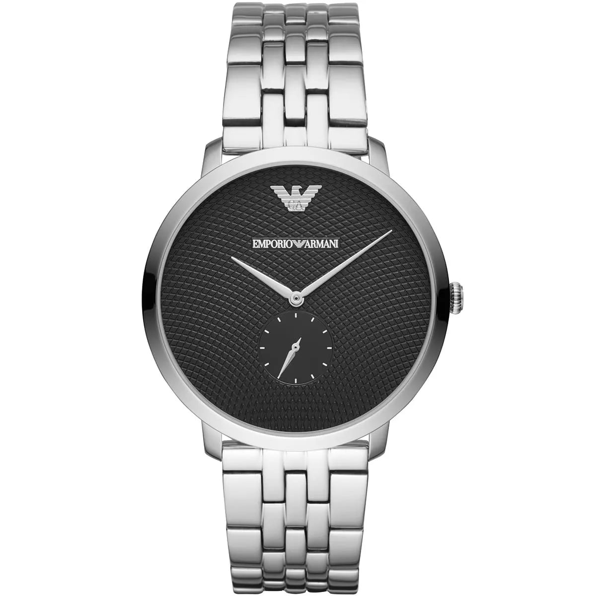 Emporio Armani AR11161 watch front view with black textured dial and silver stainless steel bracelet