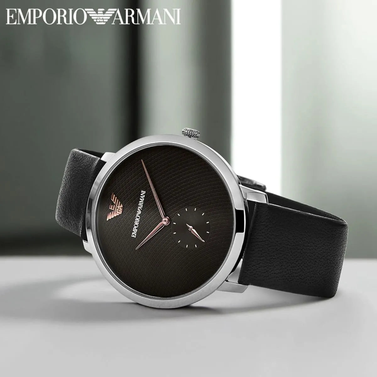Emporio Armani Modern Slim Quartz Grey Dial Black Leather Strap Watch For Men AR11162