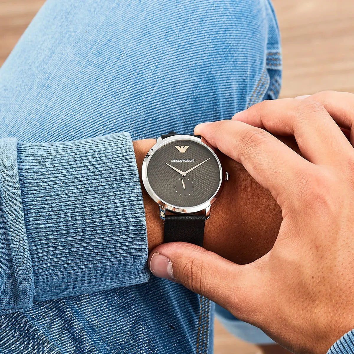 Emporio Armani Modern Slim Quartz Grey Dial Black Leather Strap Watch For Men AR11162