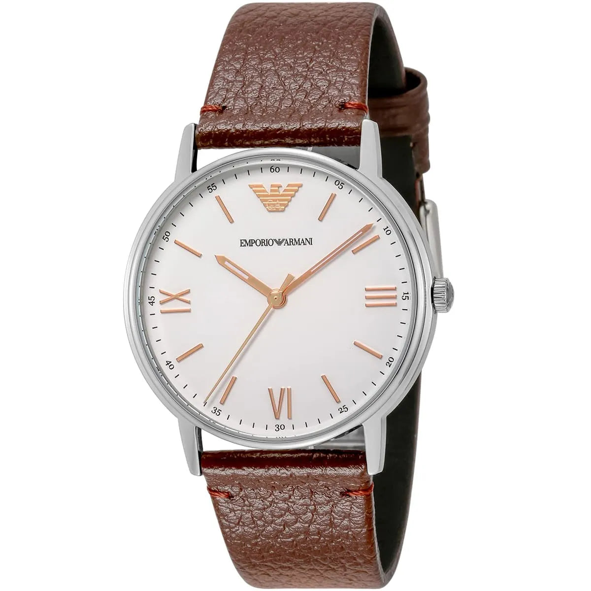 Emporio Armani Kappa AR11173 three-quarter view showing white dial and textured brown leather strap