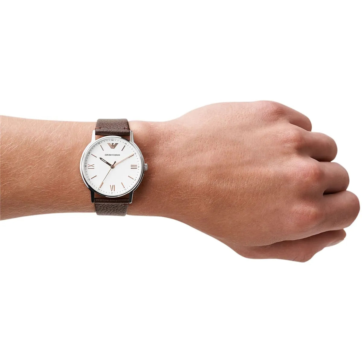 Emporio Armani Kappa AR11173 men's watch worn on wrist with brown leather strap