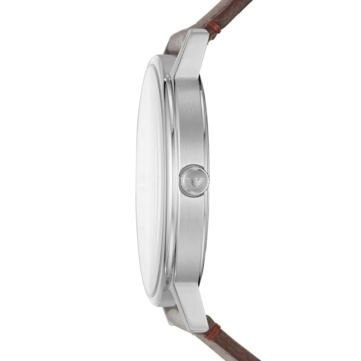 Emporio Armani Kappa AR11173 side view showing thin silver-tone case and brown leather strap