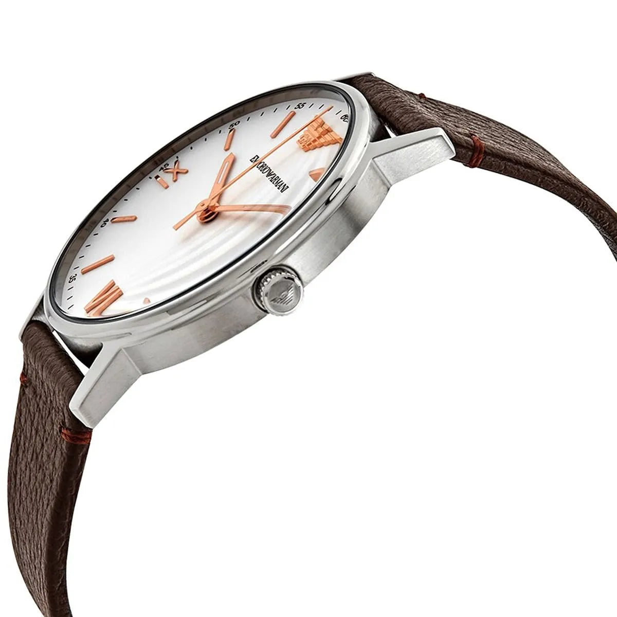 Emporio Armani Kappa AR11173 side profile with rose gold hands and indices on white dial