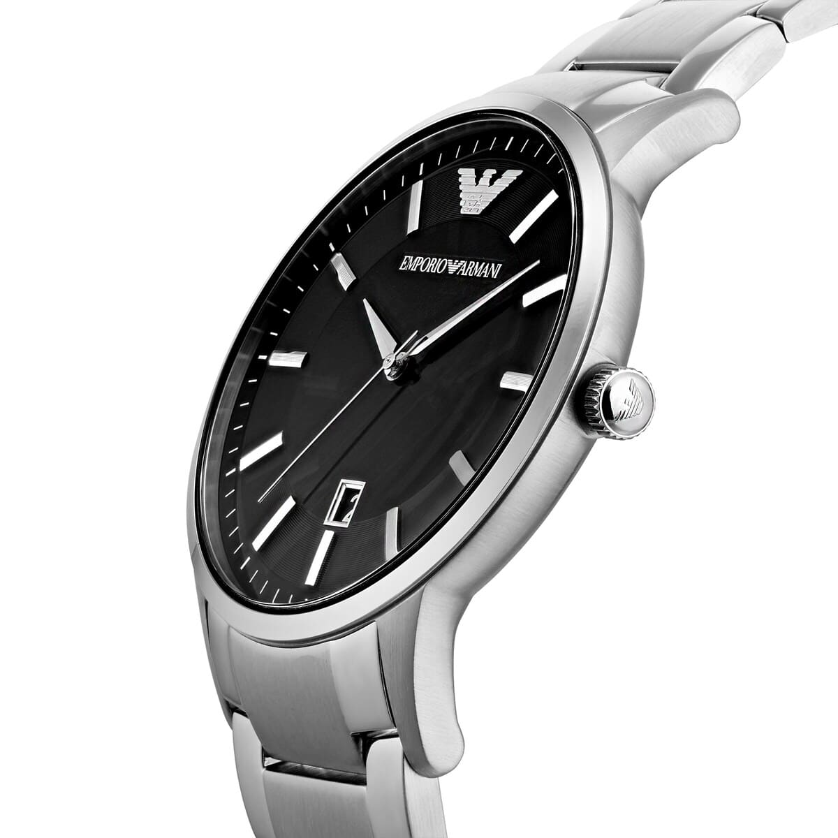 Emporio Armani Renato AR11181 side angle view showing silver stainless steel case and bracelet