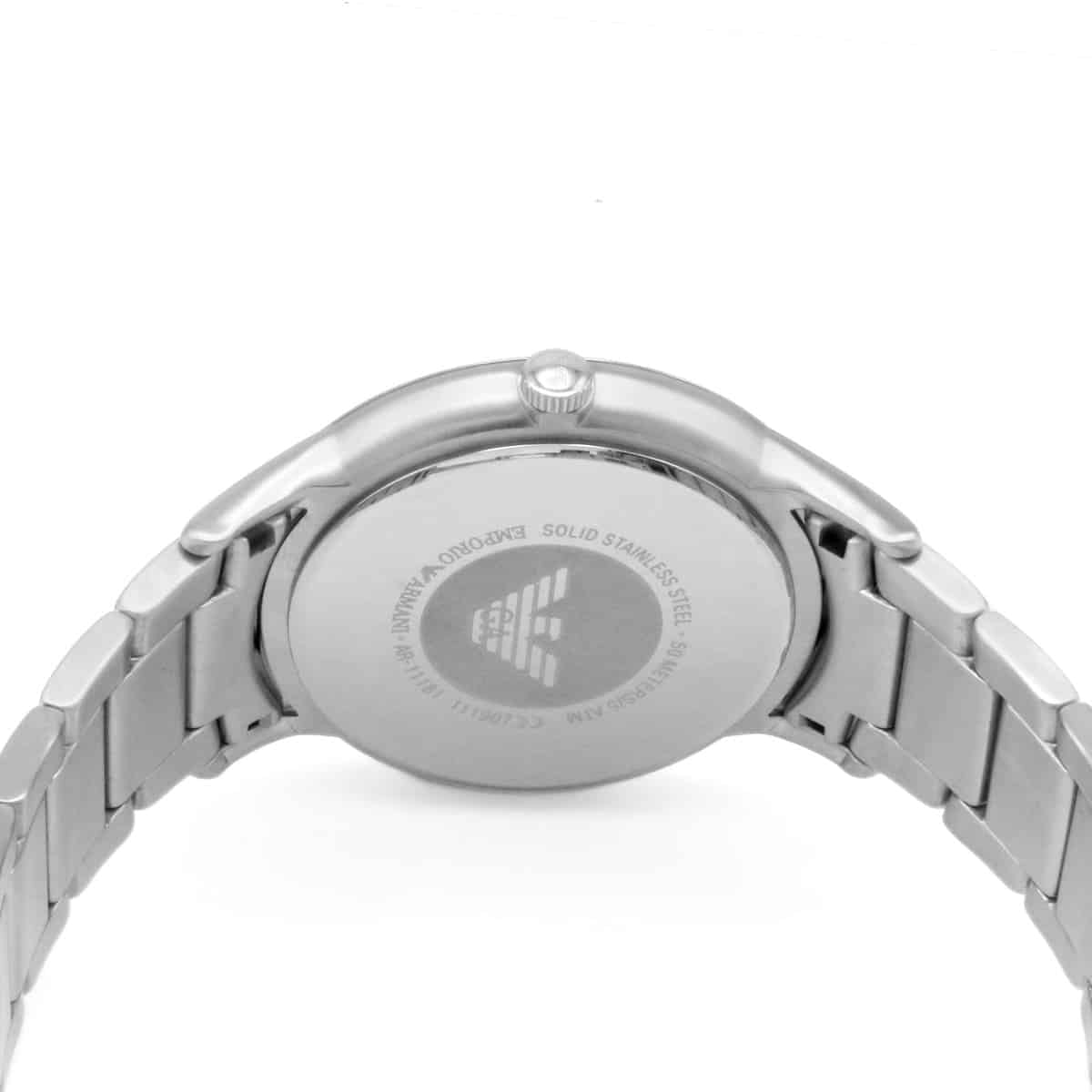 Emporio Armani Renato AR11181 stainless steel case back showing engraved specifications and logo