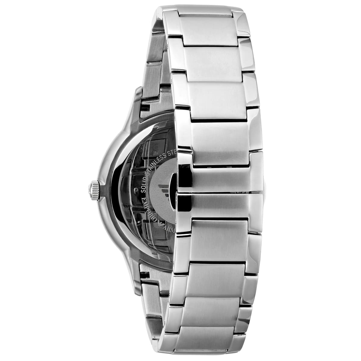 Emporio Armani Renato AR11181 case back detail showing stainless steel construction