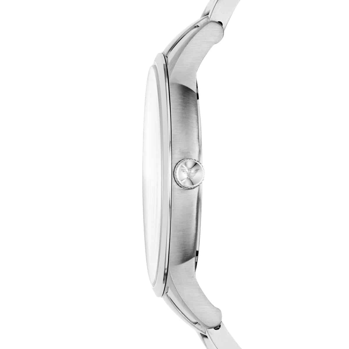 Emporio Armani Renato AR11181 side profile showing thin case profile and polished steel bracelet