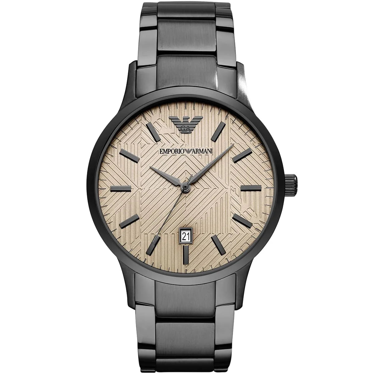 Front view of Emporio Armani Renato watch showing beige sunburst dial with date window
