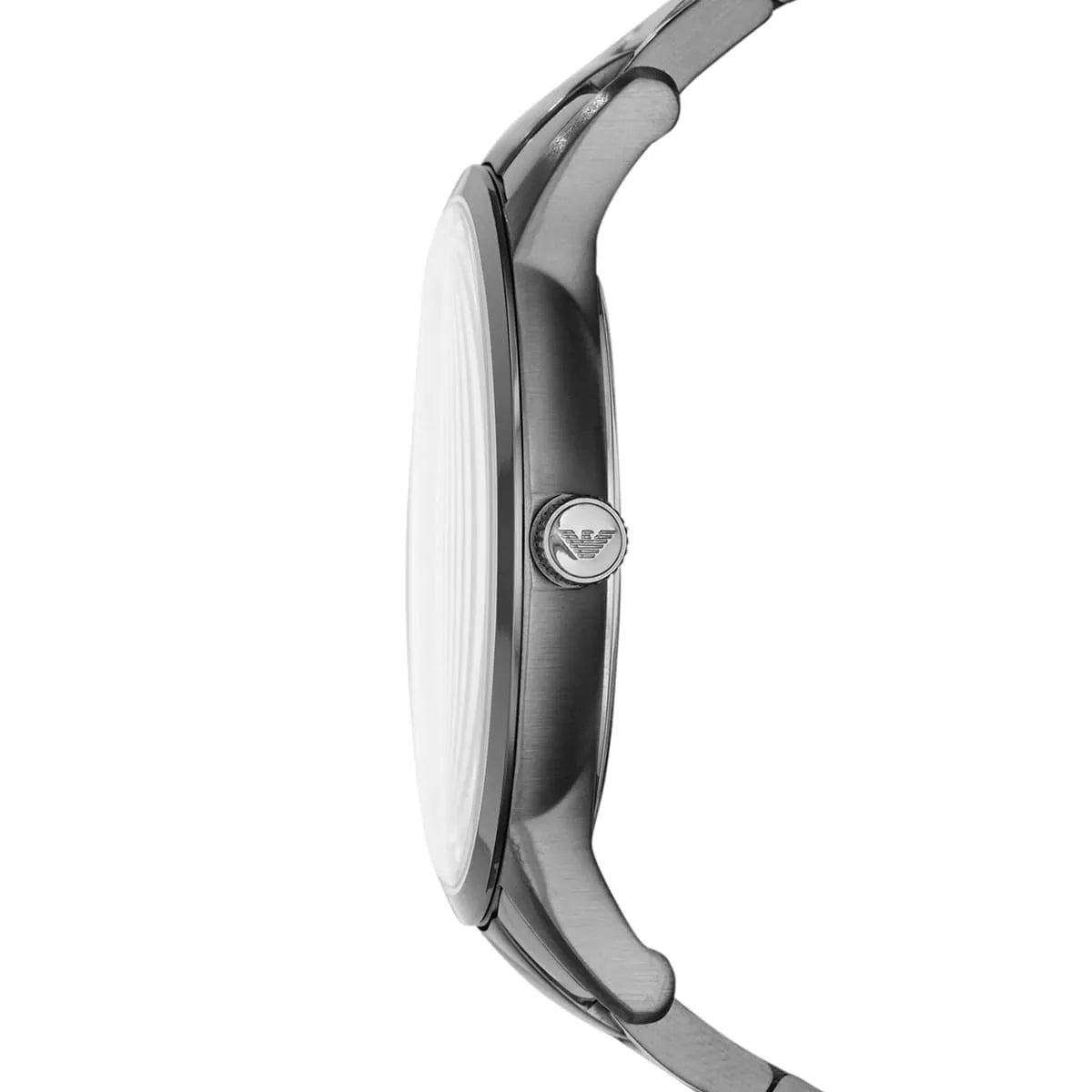 Side profile of Emporio Armani Renato showing watch case and grey metal strap