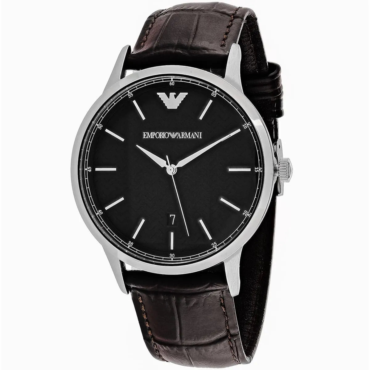Emporio Armani Renato watch side angle showing black dial and brown leather strap