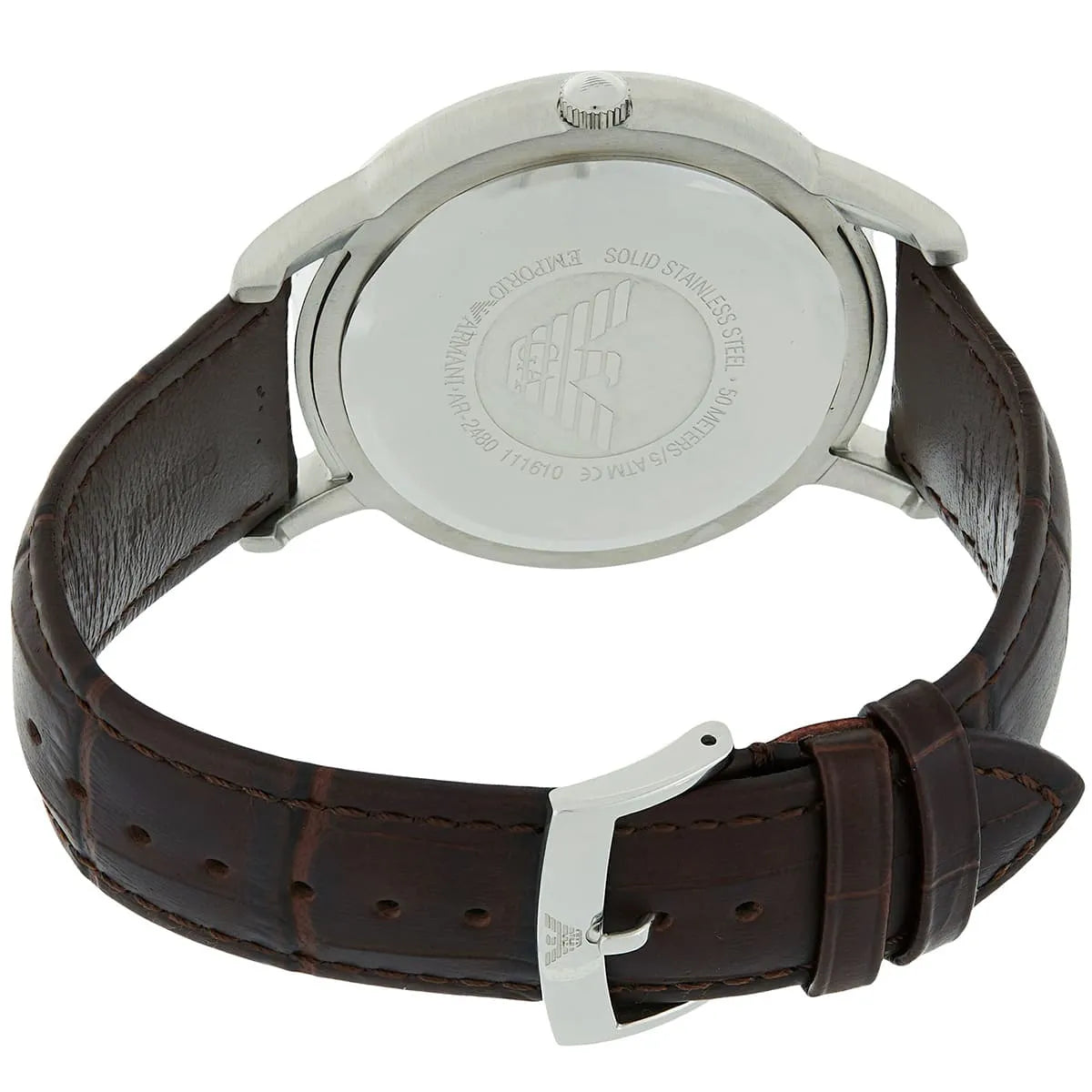 Emporio Armani Renato caseback with Emporio Armani logo and brown leather strap