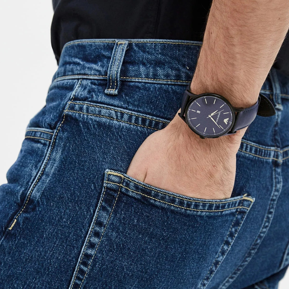 Emporio Armani Renato Quartz Blue Dial Blue Leather Strap Watch For Men AR11190