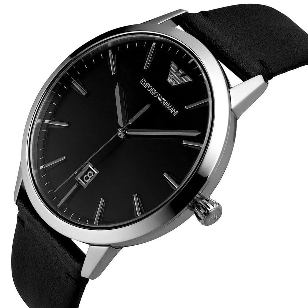Side angle view of Emporio Armani Ruggero AR11193 on wrist with black strap