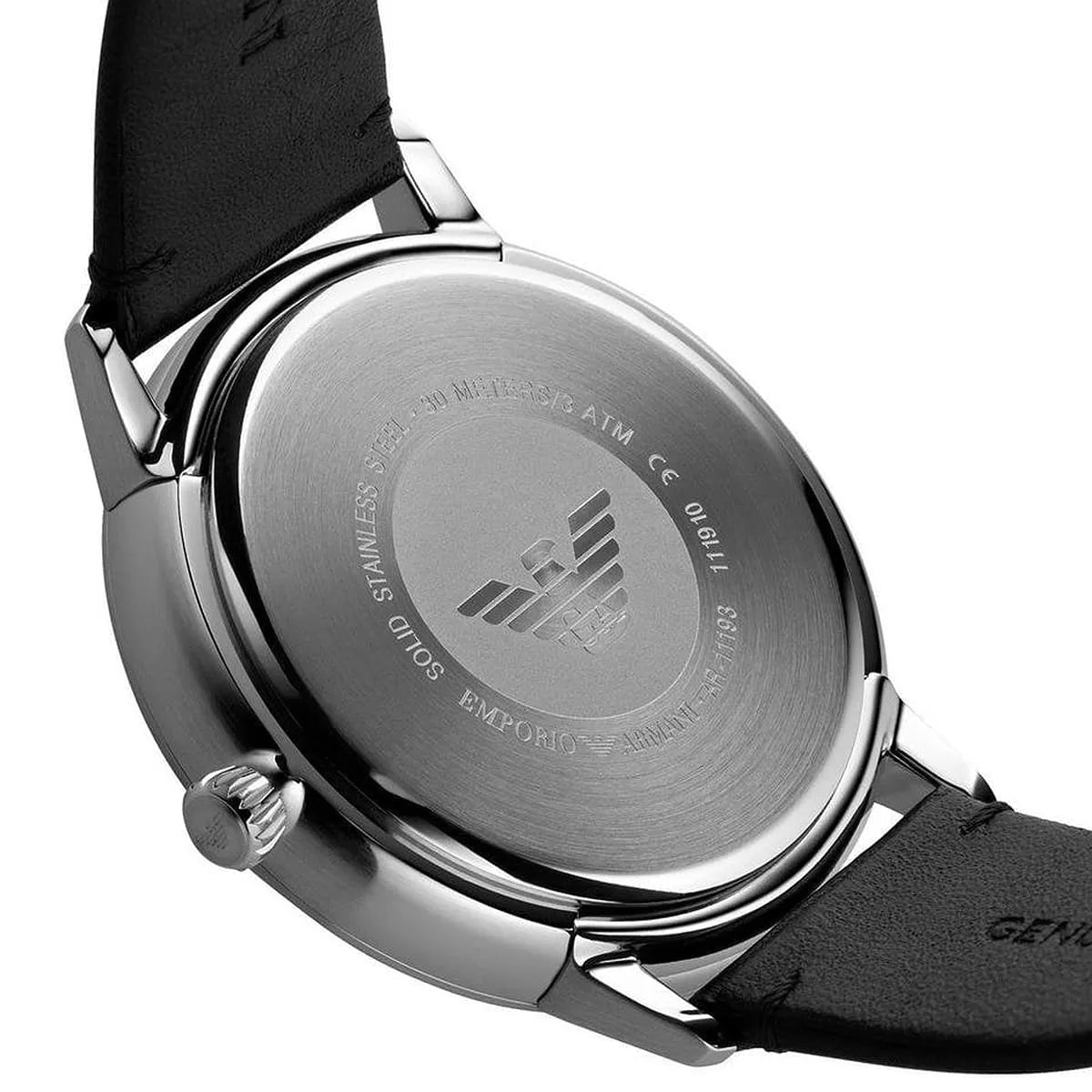 Close-up of Emporio Armani Ruggero AR11193 caseback with brand logo and specifications