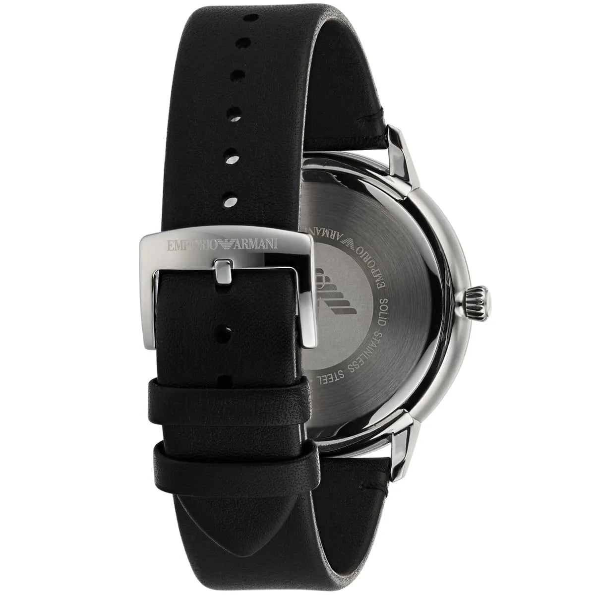 Back view of Emporio Armani Ruggero AR11193 showing caseback and black leather strap