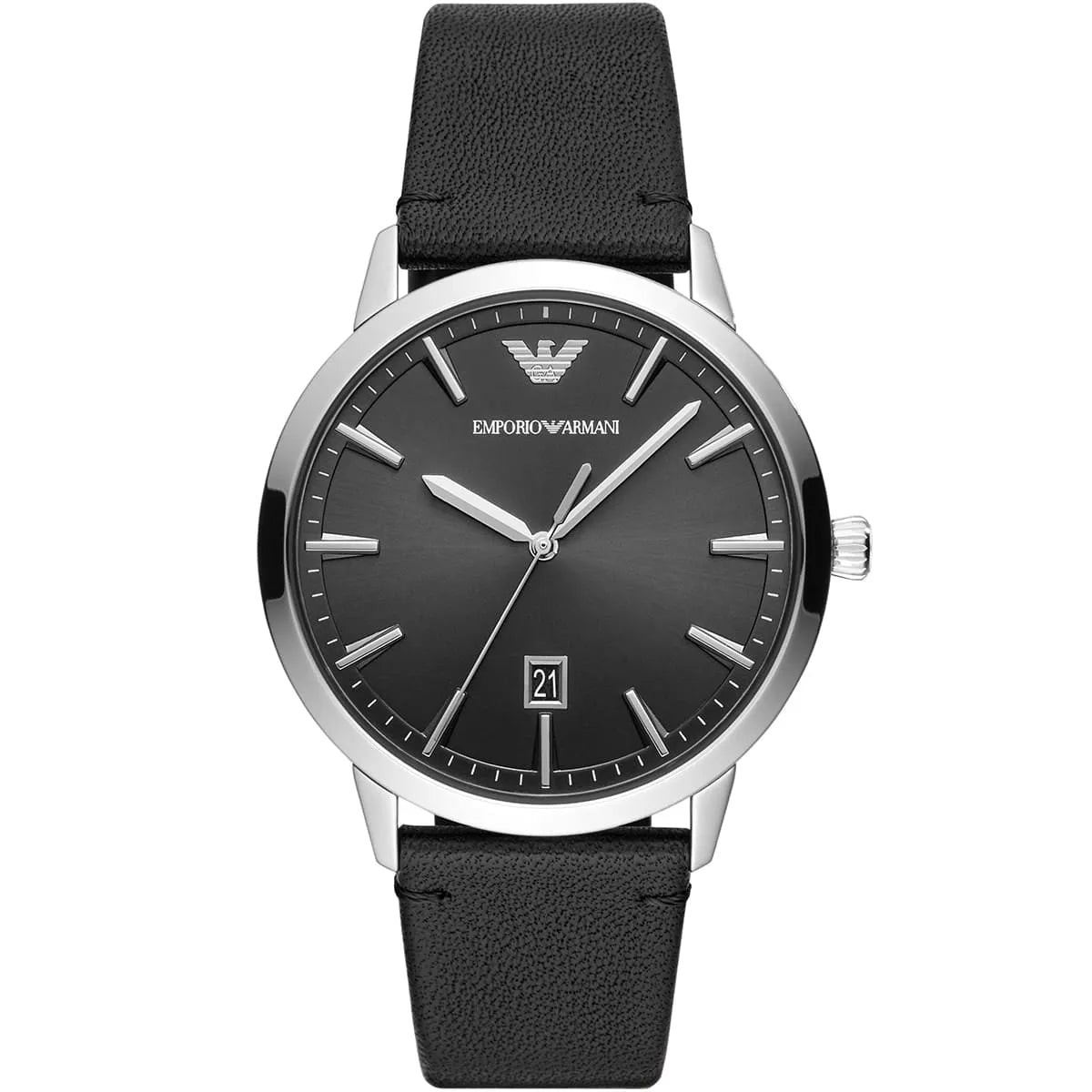 Emporio Armani Ruggero AR11193 watch with black dial and silver case on black leather strap