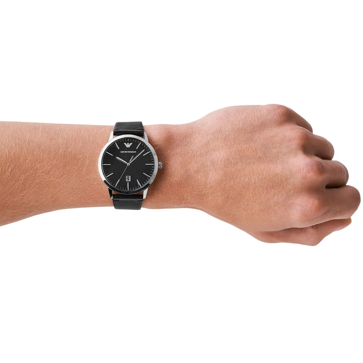 Emporio Armani Ruggero AR11193 watch worn on wrist with black leather strap