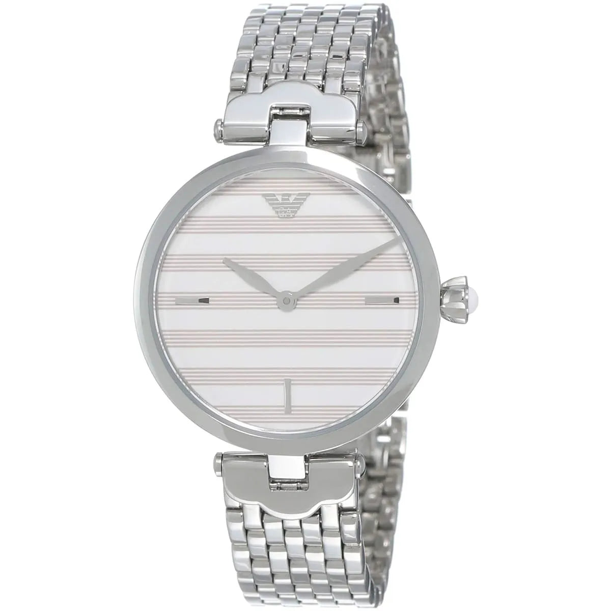 Emporio Armani Arianna watch angled view showing white horizontal striped dial and silver bracelet