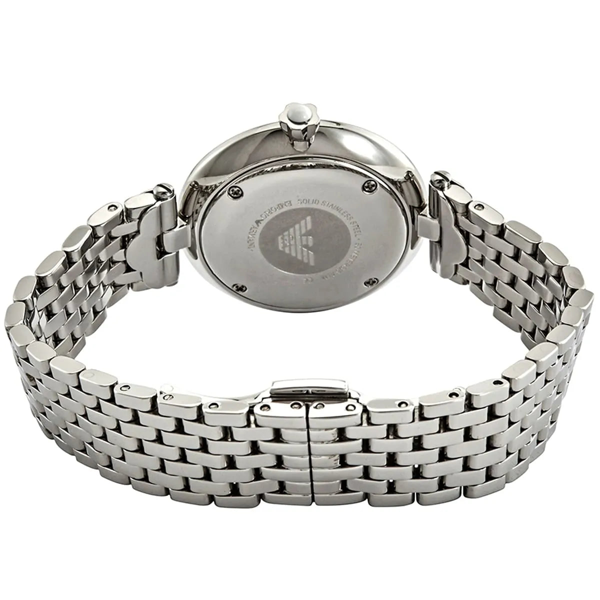 Emporio Armani Arianna watch case back showing Armani logo on silver steel case