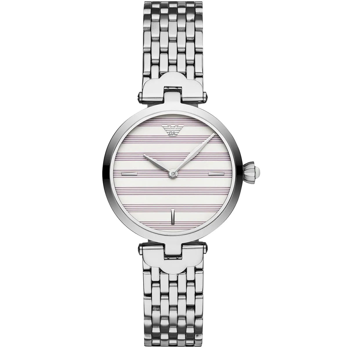 Emporio Armani Arianna women's watch with white dial and silver steel strap, front view