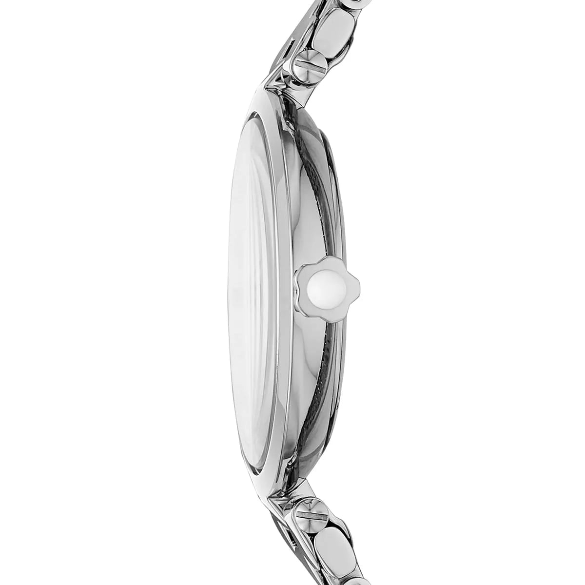 Emporio Armani Arianna watch side profile showing case thickness and silver bracelet
