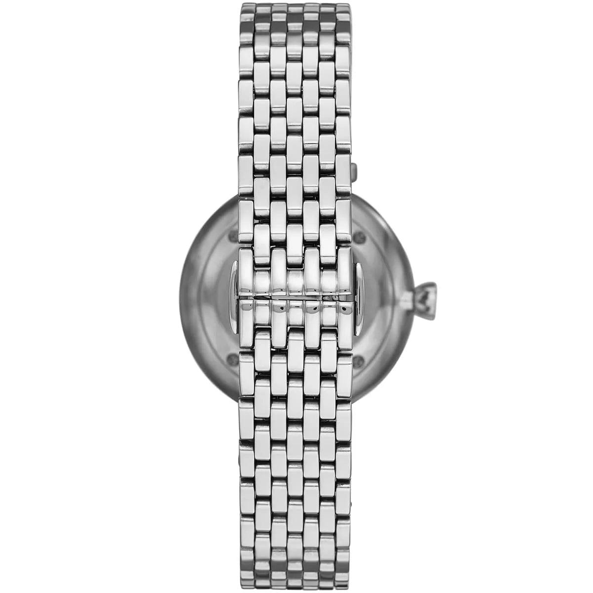 Emporio Armani Arianna watch side view showing case profile and silver metal bracelet