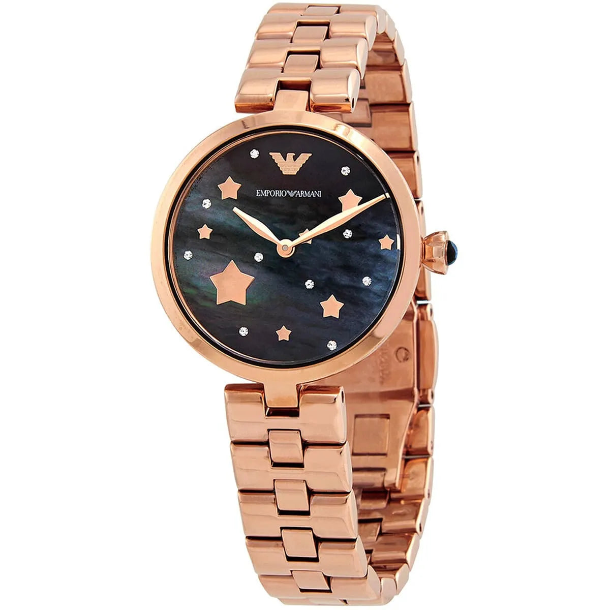 Emporio Armani Arianna watch at angle showing black dial with star and diamond markers, rose gold bracelet