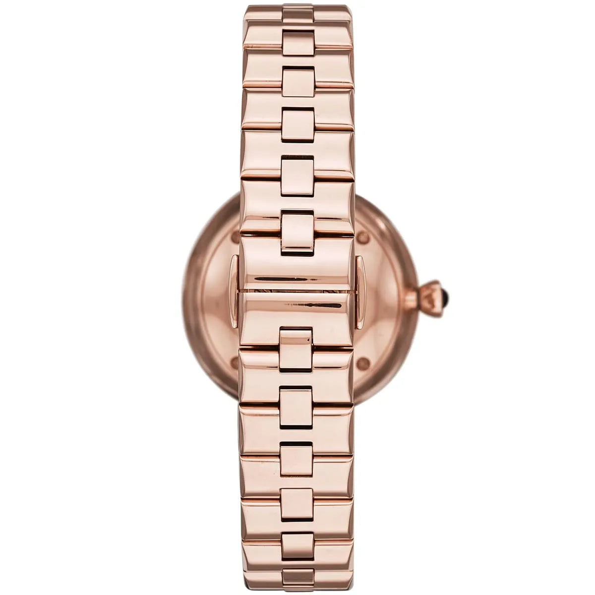 Emporio Armani Arianna watch caseback showing rose gold case and Emporio Armani logo