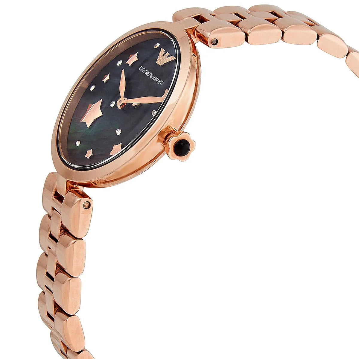 Side view of Emporio Armani Arianna watch showing rose gold case profile and bracelet