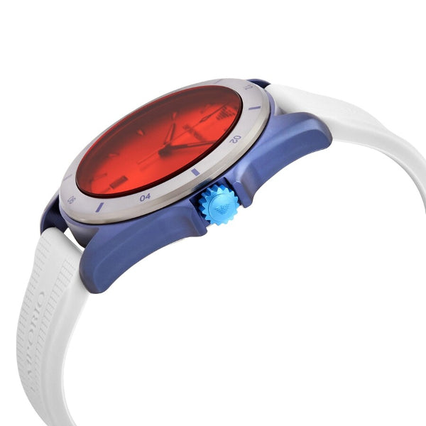 Emporio Armani AR11218 watch at angle displaying blue crown and grey silicone strap