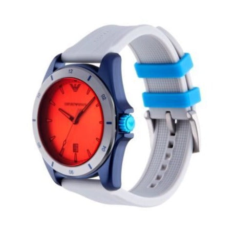Emporio Armani AR11218 watch worn on wrist showing orange dial and grey strap with blue accents