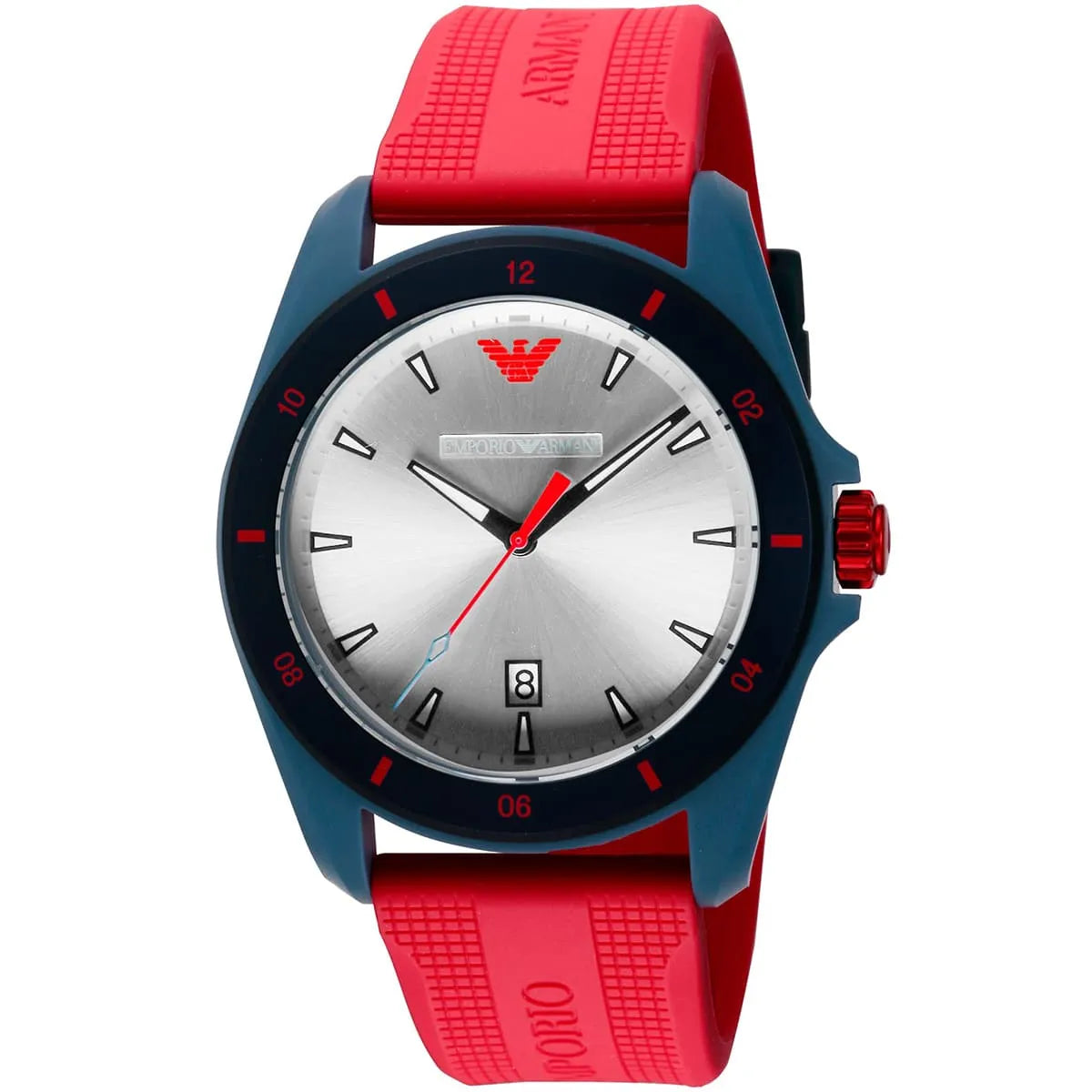 Emporio Armani AR11219 watch front view showing silver sunburst dial with red accents