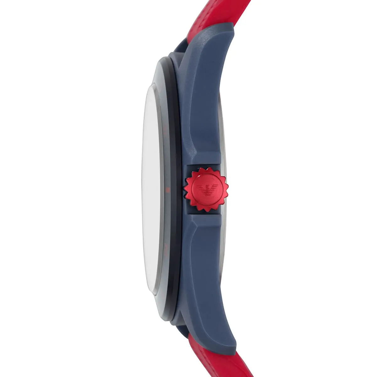 Emporio Armani AR11219 watch side profile showing navy case thickness and crown detail
