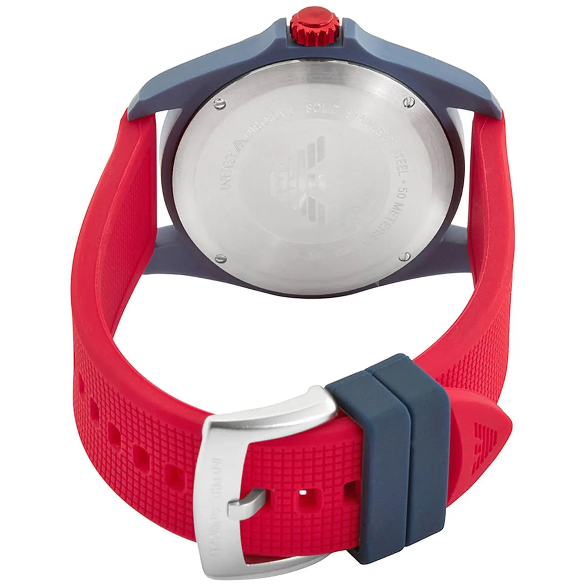 Emporio Armani AR11219 red silicone strap with clasp closure and navy rubber lug detail