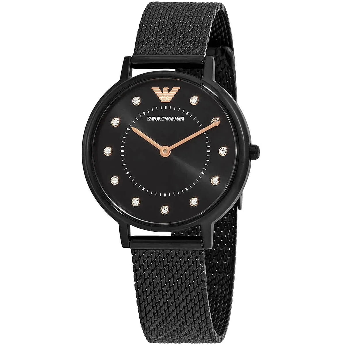 AR11252 Emporio Armani ladies watch at three-quarter angle showing black dial and mesh strap
