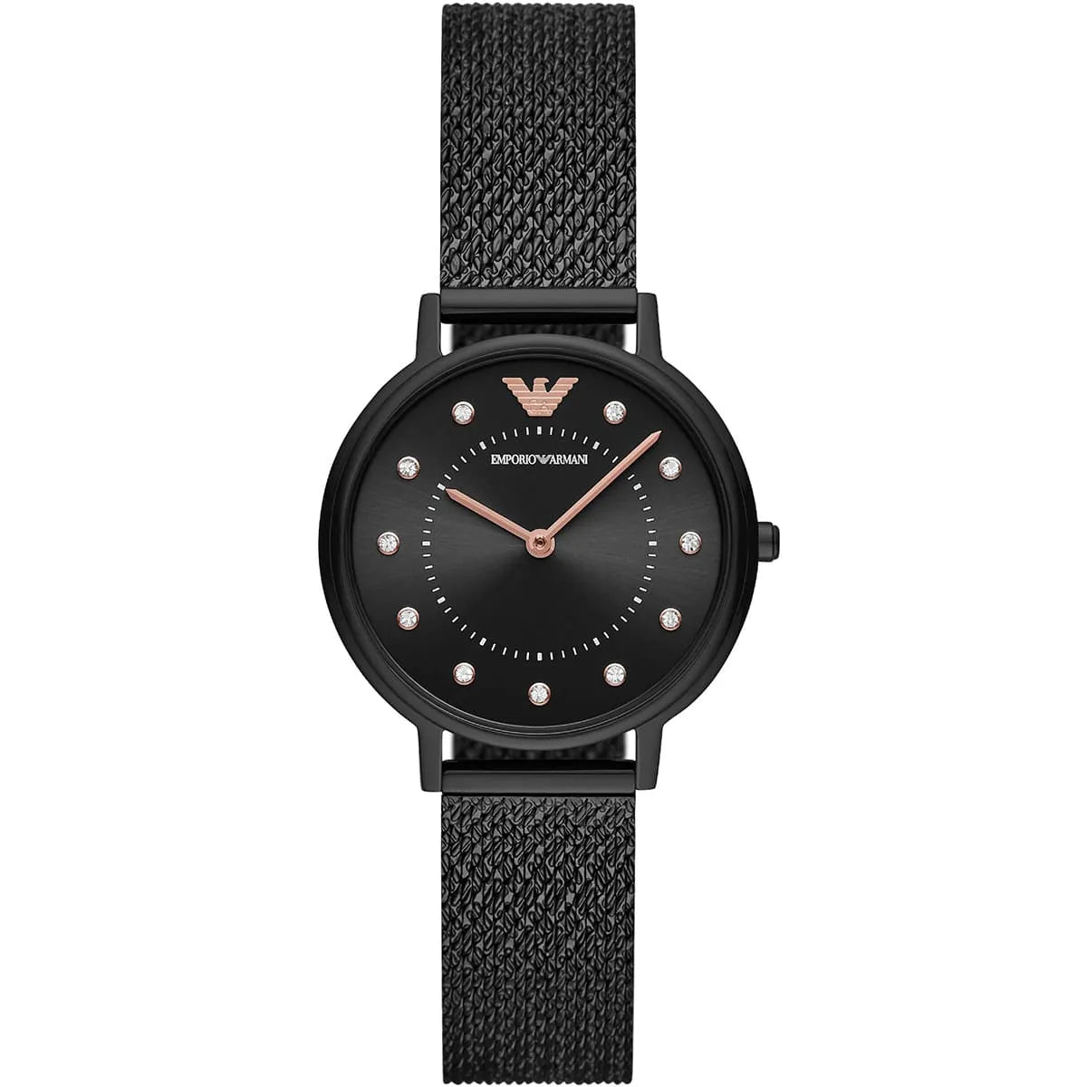 Emporio Armani AR11252 women's watch with black dial, diamond indices, and black mesh strap