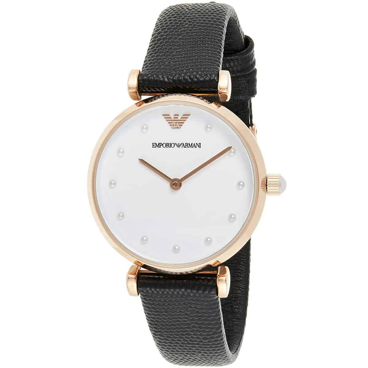 Three-quarter view of Emporio Armani Gianni T-Bar watch showing white dial and rose gold case