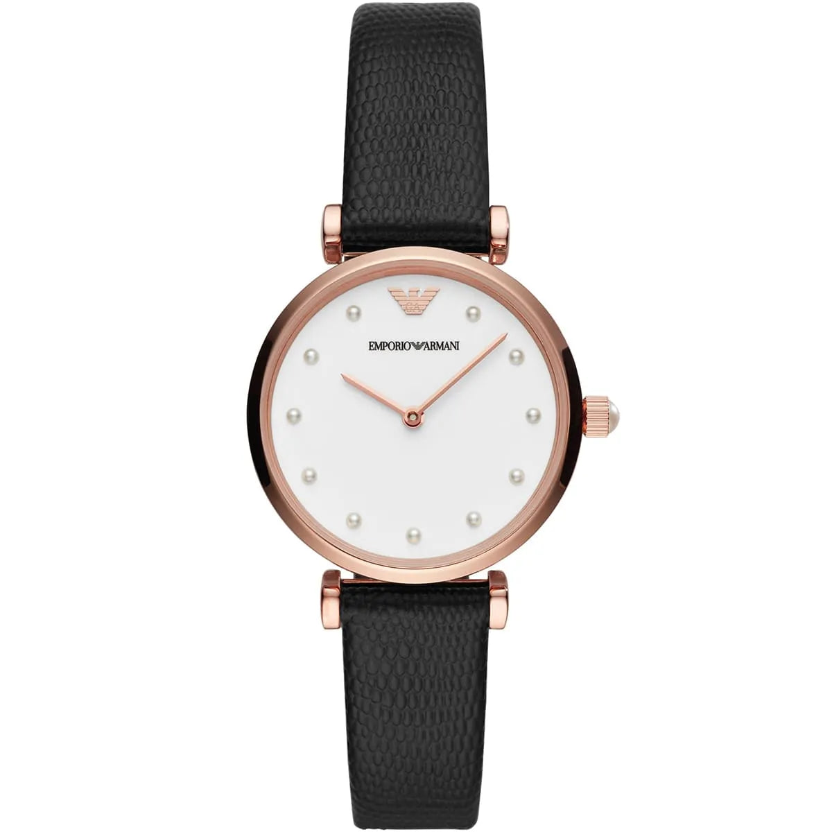 Emporio Armani Gianni T-Bar women's watch with white dial, rose gold case, and black leather strap