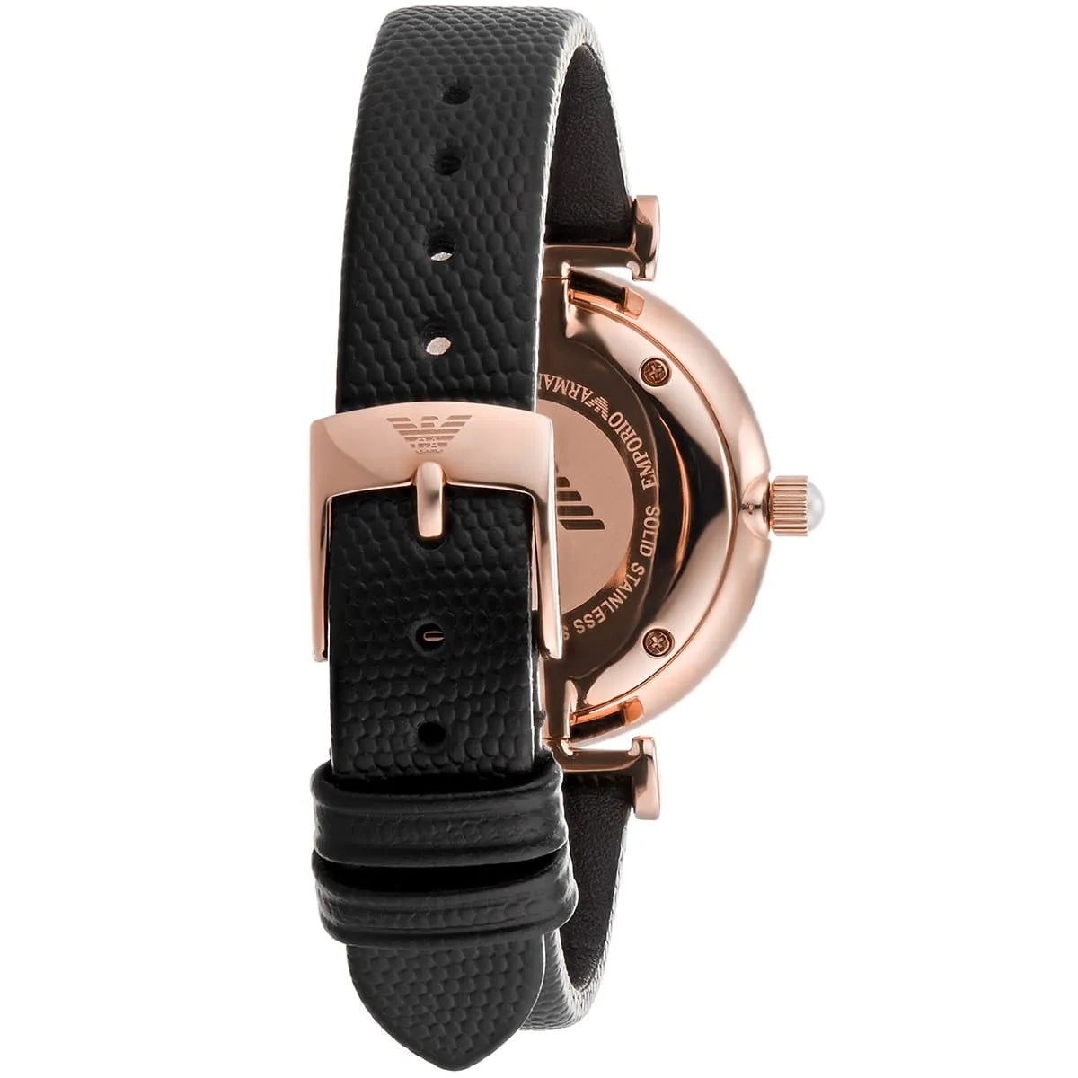 Side profile of Emporio Armani Gianni T-Bar watch with T-bar strap lugs and caseback
