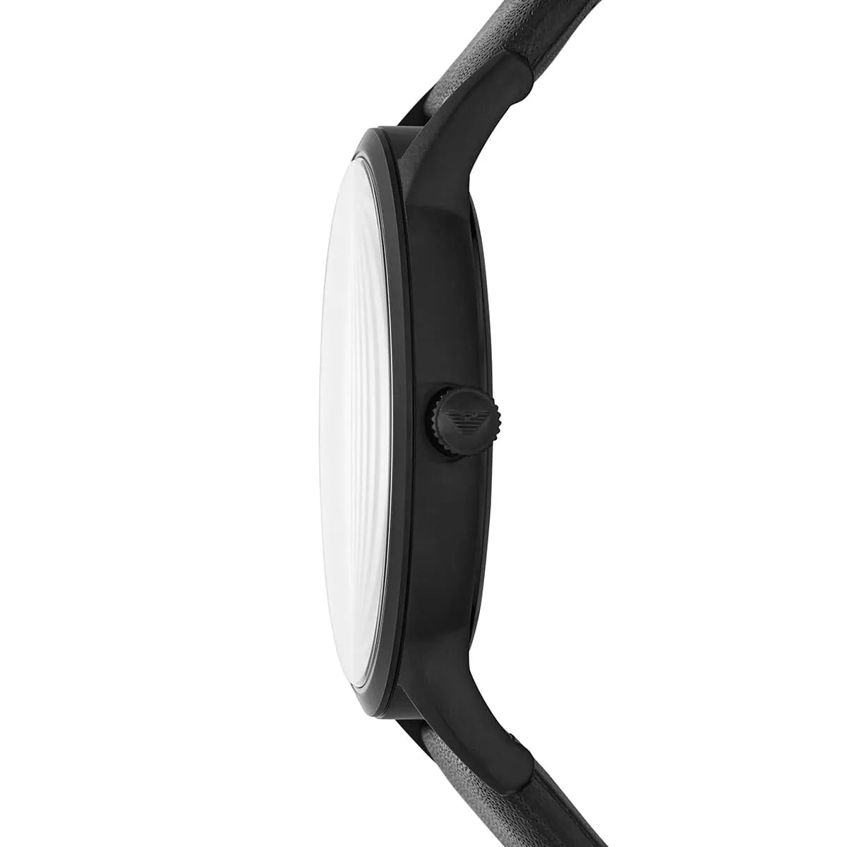 Emporio Armani Renato watch side view showing case profile and black leather strap