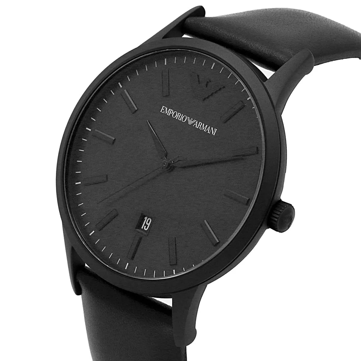 Emporio Armani Renato black leather strap detail with buckle and adjustment holes