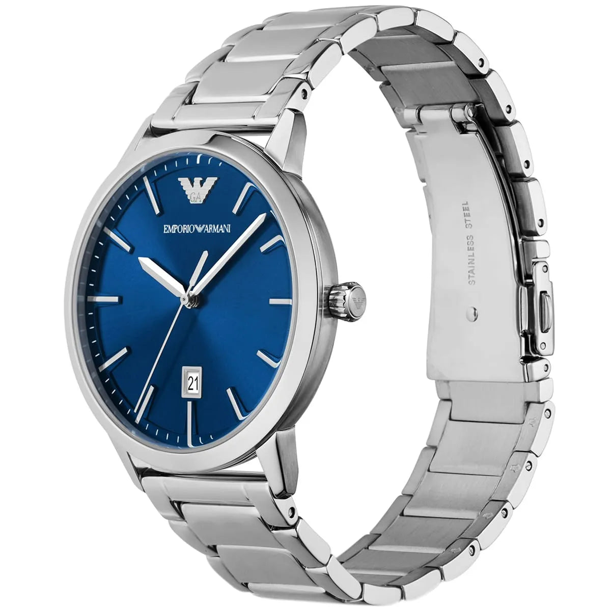 Emporio Armani Ruggero watch showing angled side view of stainless steel bracelet and blue dial