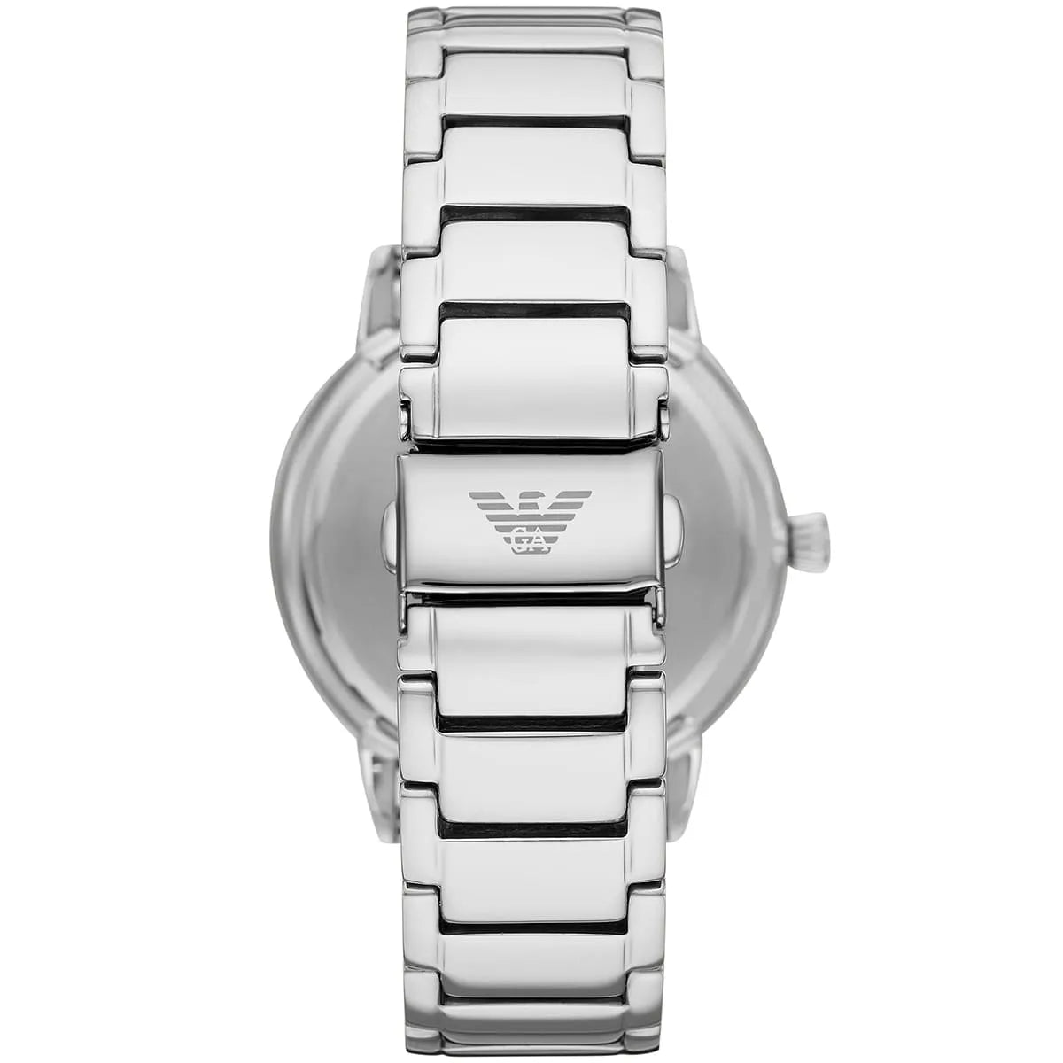 Emporio Armani Ruggero watch caseback showing stainless steel reverse with eagle logo