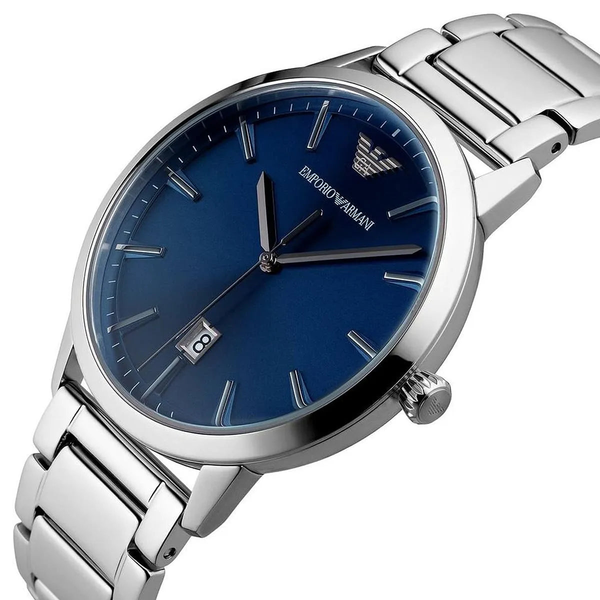 Emporio Armani Ruggero watch on wrist showing blue dial with applied indices and date window