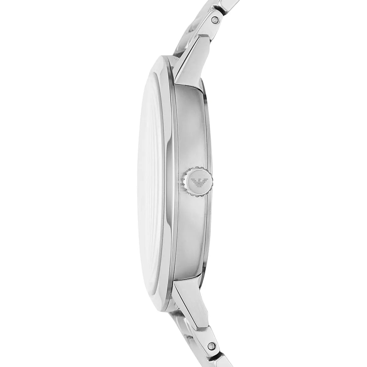 Emporio Armani Ruggero watch side view showing stainless steel case profile and bracelet
