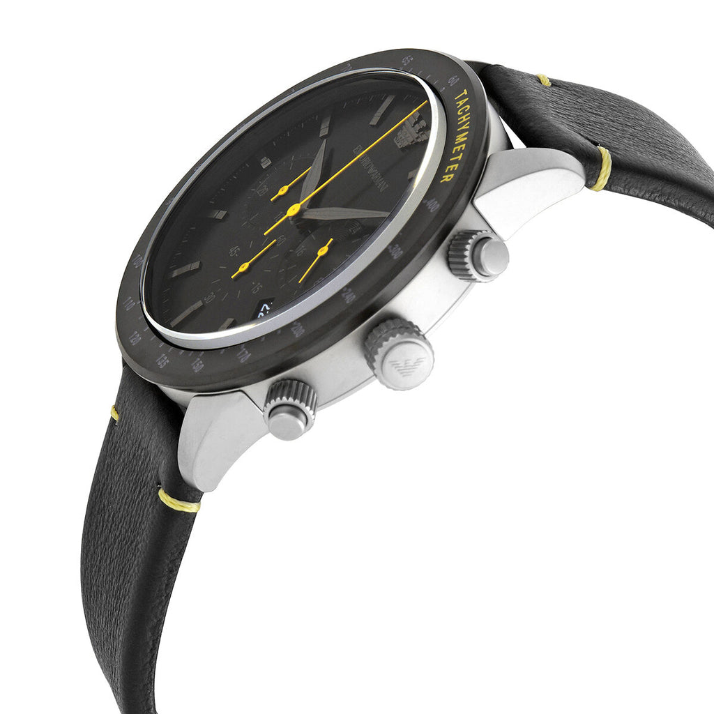 Emporio Armani Mario chronograph side view showing case and black leather strap