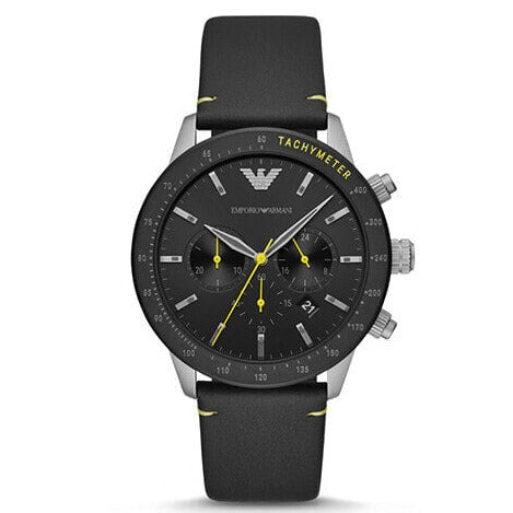 Emporio Armani Mario chronograph with black dial, tachymeter bezel, and leather strap