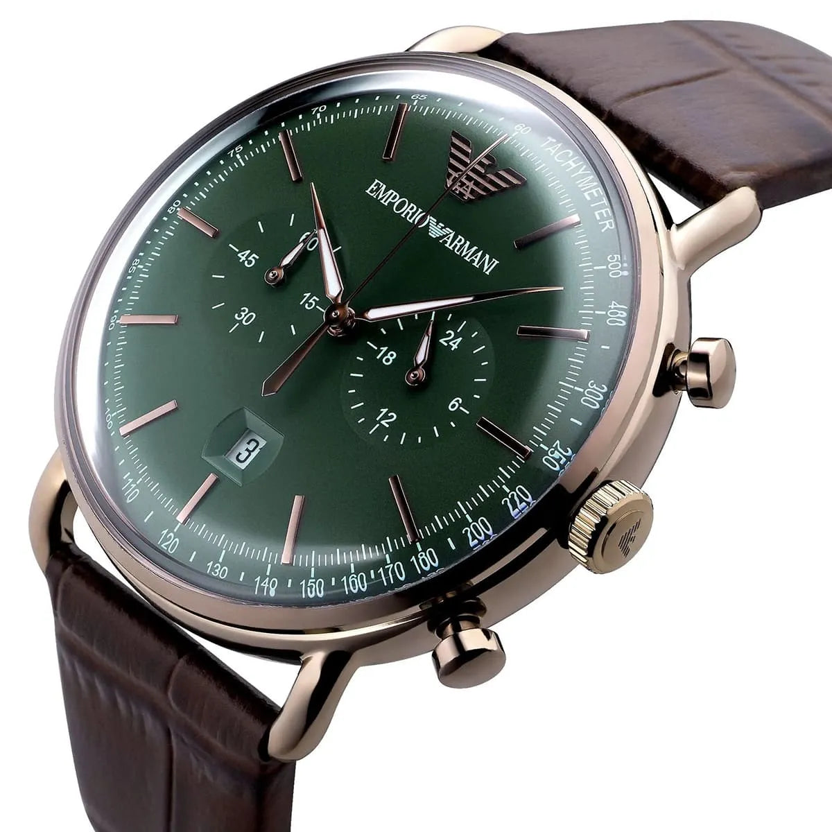 AR11334 aviator chronograph with green dial and rose gold-tone case on wrist