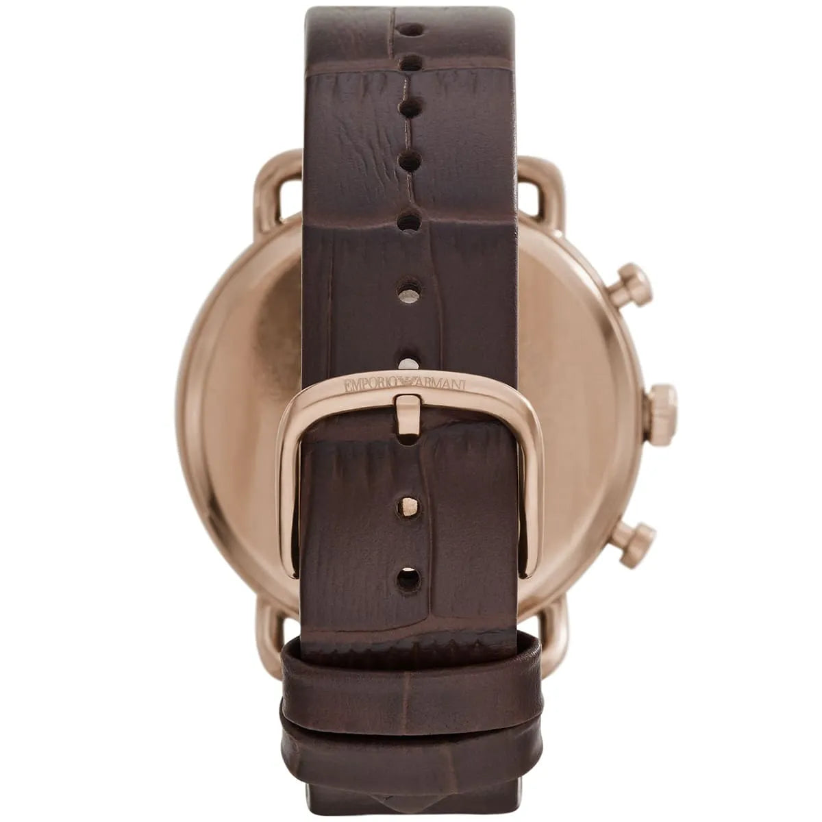 Case back view of AR11334 Emporio Armani chronograph watch with rose gold-tone finish