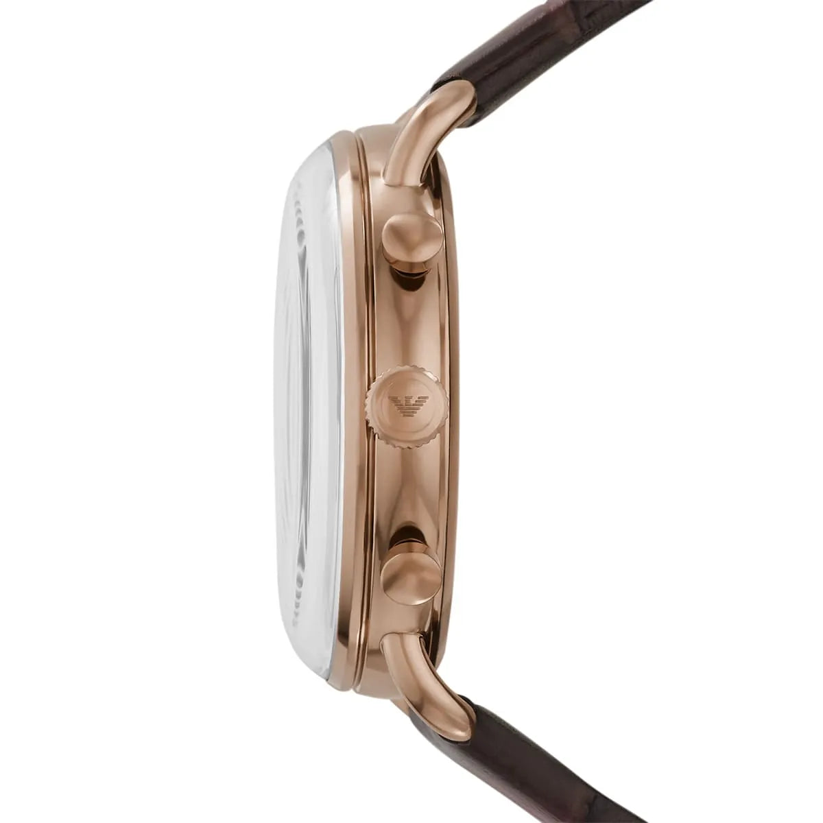Side profile of AR11334 chronograph showing rose gold case and chronograph pushers